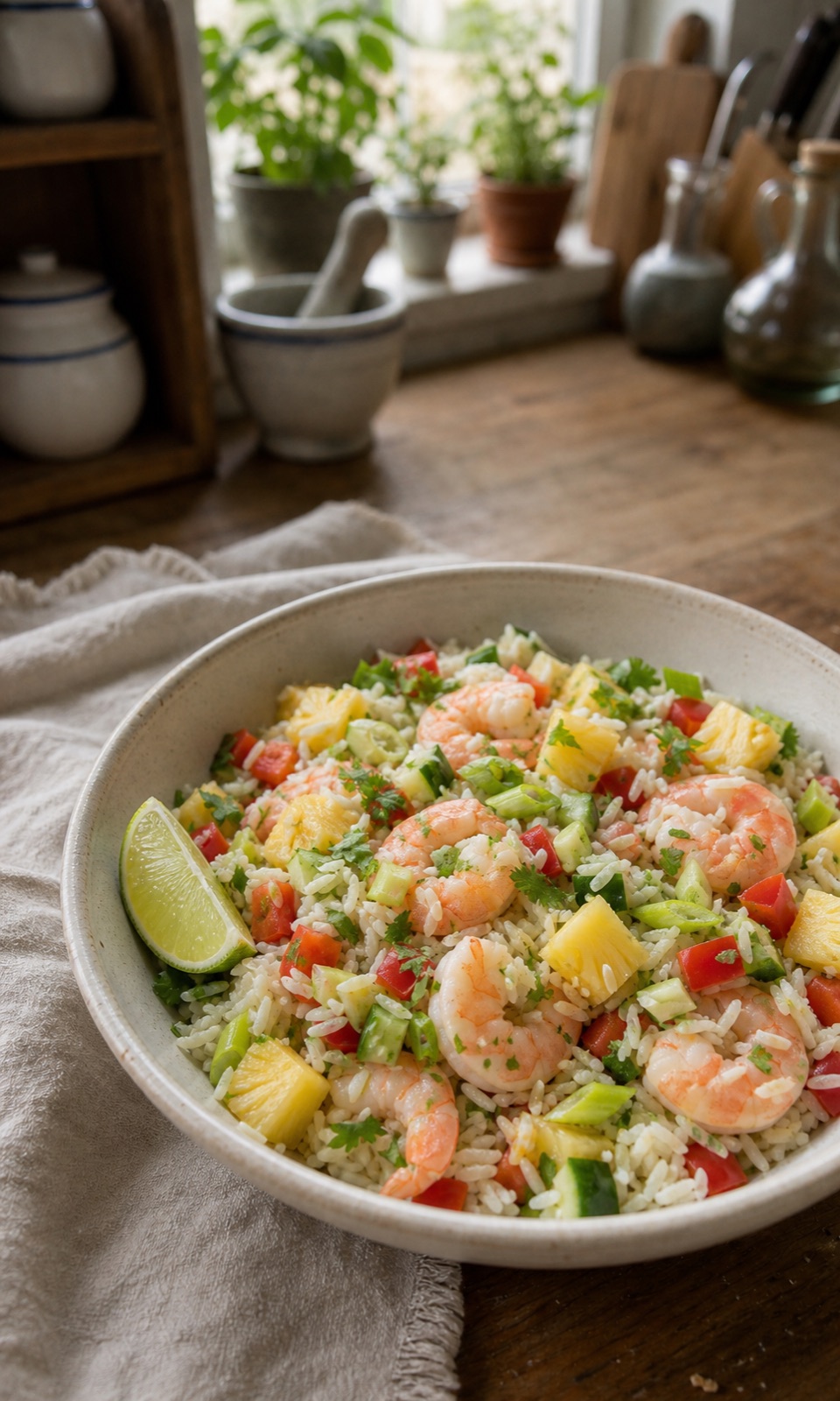 Arroz con piña, langostinos y lima
