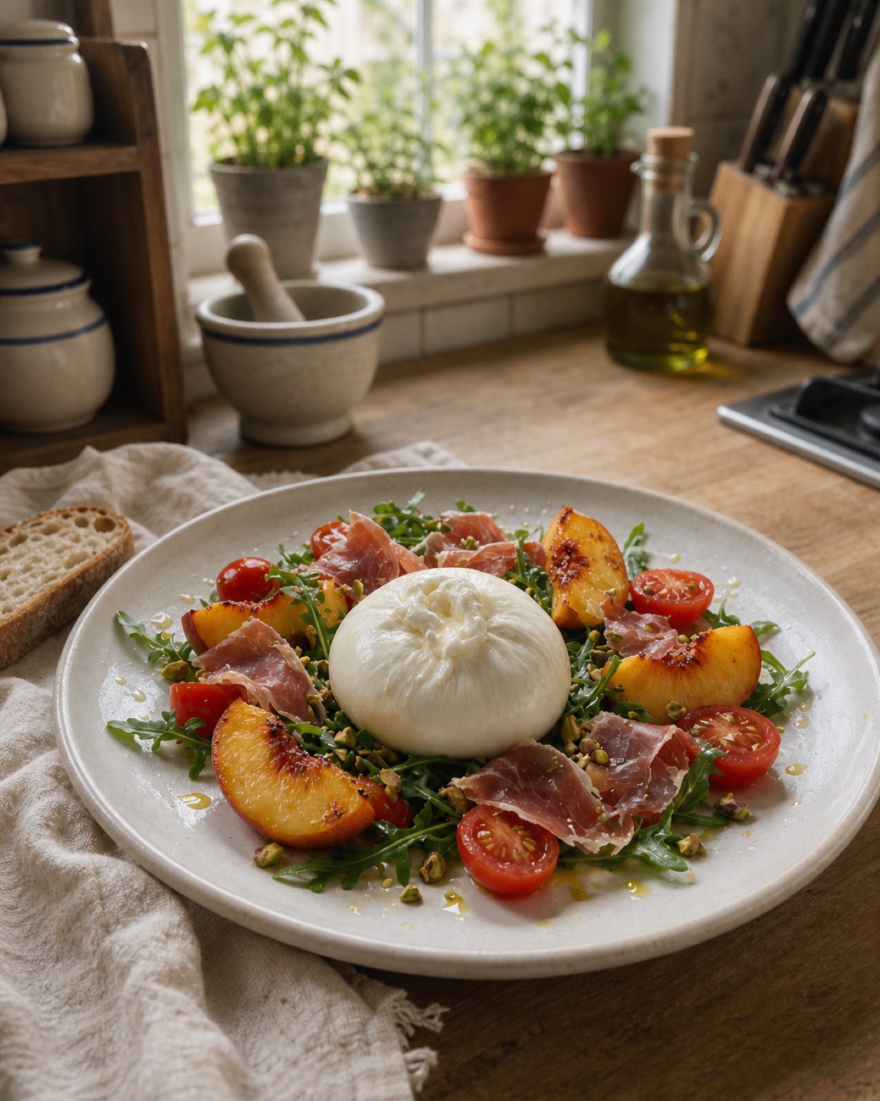 Burrata con melocotón, jamón y pistachos
