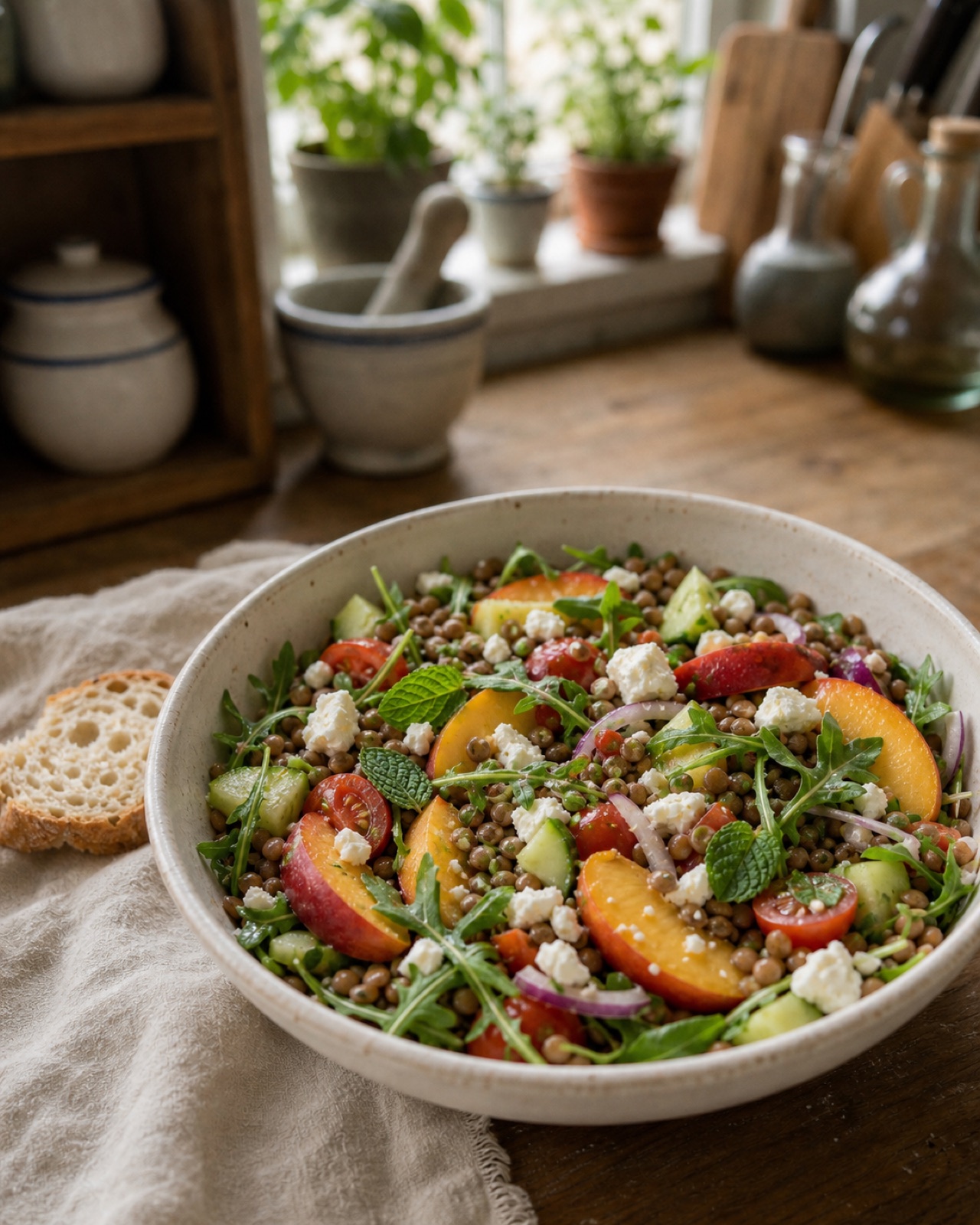 Ensalada de lentejas, nectarina y feta