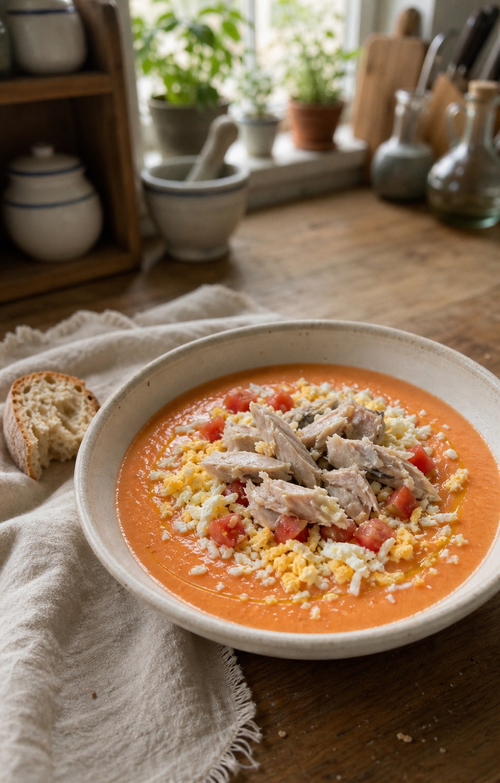 Salmorejo ligero con caballa y huevo